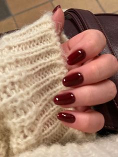 Cute Burgandy Nails, Crimson Nails Short, Burgundy Round Nails, Short Cute Fall Nails, Red Squoval Acrylic Nails, Red Nail Short, Short Wine Red Nails, Short Nails Dark Red, Burgundy Nails Aesthetic