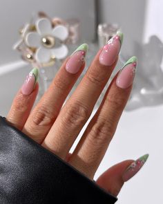 #springnails #nails #nailsofinstagram #nailart #summernails #nailsoftheday #gelnails #spring #nailsonfleek #glitternails #longnails #ombrenails #acrylicnails #instanails #manicure #inspire #naildesign #nailstagram #nailinspo #nailtech #coffinnails #naildesigns #pinknails #u #gelpolish #nailporn #nailstyle #nail #nailpro #nailpolish Abstract Nail Art French Tip, Oval Nails Summer Designs, Green And Pink Nails Acrylic, Fun French Tip Nail Designs, Simple Nail Designs For Spring, Short Nail Gel Designs, Green Design Nails, White French Tip With Design, Green And Pink Nails Designs