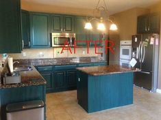 a kitchen with green cabinets and granite counter tops