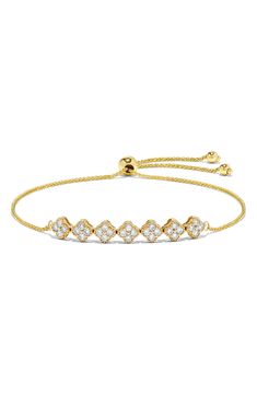 Sparkling diamonds illuminate dainty clovers on a glamorous slider bracelet crafted from polished 14-karat yellow gold. Adjustable slide closure Total diamond weight: 0.59ct. Color: G–H Clarity: SI1 14k gold/diamond Imported Diamond Guide Slider Bracelet, Diamond Guide, Bracelet Crafts, G H, Sparkle Diamonds, Womens Jewelry Bracelets, Sliders, Gold Diamond, Nordstrom Rack