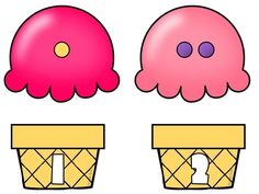 three ice cream cones with different shapes and sizes, one is pink and the other is yellow