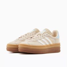 Brand New Big Kids Size+1.5=Womens Size Beige Flat Sneakers With Contrast Sole, Cream Sneakers With Rubber Sole, Cream Sneakers With Textured Sole, Closed Toe, Sporty Beige Closed Toe Sneakers, Sambas Adidas, Adidas Originals Shoes, Gazelle Bold, Adidas Shoes Originals, Clothes Wishlist