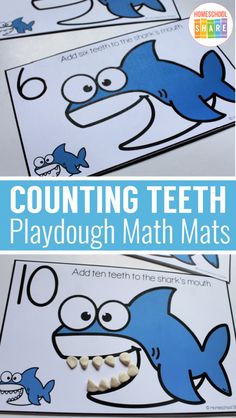 counting teeth playdough math mats with the words counting teeth and fish on them