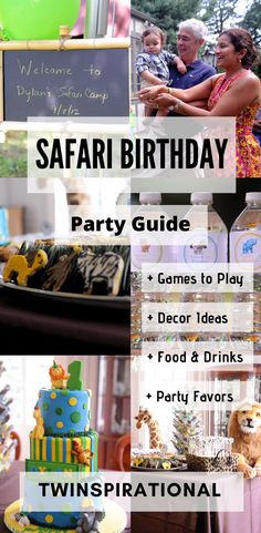 a birthday party guide with pictures of cakes and desserts on it, along with the words safari birthday party guide