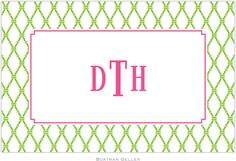 a green and pink monogrammed pattern with the letter dth on it's side