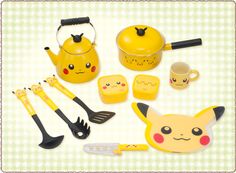 a yellow toy set with pokemon characters and utensils on the side, including a teapot, fork, spoons, cup, mug, and other items