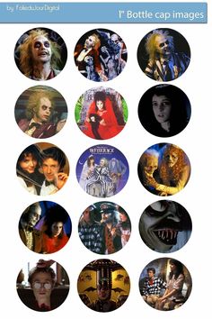 many different pictures of people and monsters in the style of pinback buttons or magnets