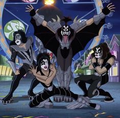 the kiss band is posing in front of a carnival