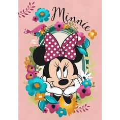 minnie mouse with flowers and birds on it's head in front of a pink background