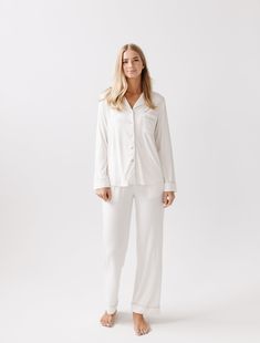 Bedtime can’t come soon enough when you’re waiting to slip into our Long Sleeve Pajama Set. Crafted with a soft stretch-knit that features enhanced breathability and luxurious drape– this lightweight set sleeps degrees cooler than cotton to keep your temperature just right through the night. With elegant contrast piping throughout, the set includes a pocketed button-up and pants with an elastic waistband. DETAILS: Flattering stretch-knit from bamboo-based viscose Generously sized for relaxed lux Pajamas Cozy, Silk Comforter, Oprahs Favorite Things, Classic Pajamas, Come Soon, Bamboo Pajamas, Best Pajamas, Soft Clothes, Fabric Accessories