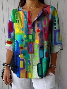 Colorful Geometric Print Blouse Cheap Multicolor Blouse With Geometric Pattern, Casual Shirt Women, Colorful Abstract Painting, Art Shirts, Casual Sweaters, Colorful Abstract, Trendy Fashion Women, Women's Casual, Women Style