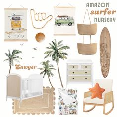 an assortment of nursery items including a crib, bed, dresser and wall hangings