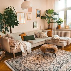 a living room filled with furniture and plants