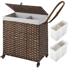 the basket is on wheels with two bins next to it and one has a brown handle