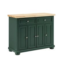 a green cabinet with two drawers and a wooden top on the bottom, against a white background