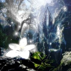 a digital painting of a white flower surrounded by trees