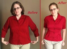 a woman in red shirt and tan pants standing next to a wall with the words before and after written on it