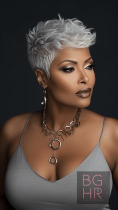 Platinum Gray Hair On Black Women, Super Short Hair Cuts, Gray Hairstyles For Black Women, Short Hairstyles 2024, Grey Pixie Haircut, Short Hair Pixie Cuts Black Women, Black Short Hairstyles, Short Grey Haircuts, Grey Hair And Makeup