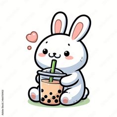 a cartoon bunny holding a drink with a straw in it's mouth and sitting on the ground