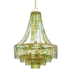 a green chandelier hanging from a gold chain