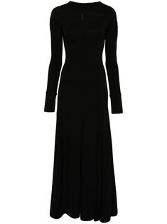 black cady texture cut-out detailing seam detailing round neck concealed rear hook and zip fastening long sleeves flared skirt side slit straight hem long length unlined Satin Dress Long, Maxi Dress Black, City Dress, Victoria Dress, Dress Home, Summer Beach Wear, Floor Length Dresses, Flared Skirt, White Maxi Dresses