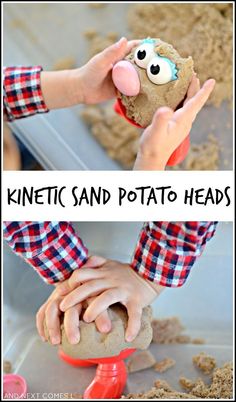 hands holding a sand potato head with text overlay that reads, kinetic sand potato heads