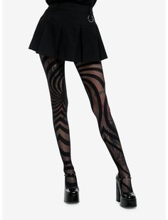 Black Sheer Swirl Tights | Hot Topic Black Metal Fashion Woman, Black Mesh Tights Outfit, Black Bow Tights, Tights With Designs, Whimsy Goth Clothes, Spiral Tights, Pretty Tights