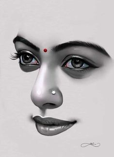 a woman's face is shown with red dots on her nose and eyebrows, as if