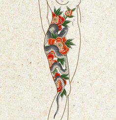 a drawing of a woman with flowers on her body