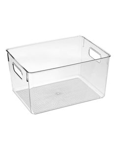 a clear plastic container with handles on the top and bottom, is shown in front of a