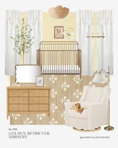 a baby's room with a crib, chair and dresser in it is featured in the magazine golden retriever nursery