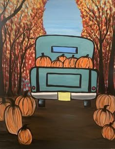 a painting of a truck with pumpkins in the back