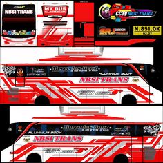 an advertisement for a bus that is red and white with stripes on the front, back and side