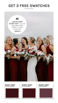 the bride and her bridesmaids are wearing burgundy dresses