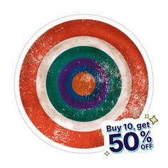 a sticker with an image of a target in the center and 50 % off written on it