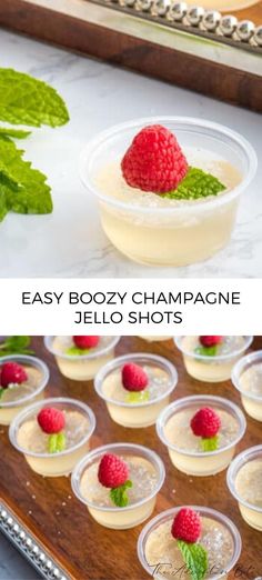 easy boozy champagne jello shots with raspberries and mints on top