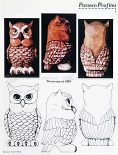 three owls are shown with different patterns on them