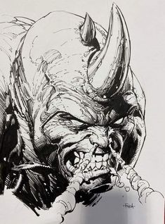 a drawing of a demon with large horns