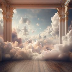 an empty room with columns and clouds in the sky above it, as if for a surreal scene