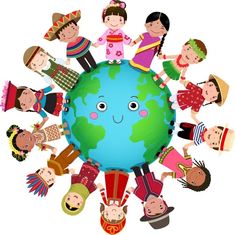 a group of children standing around the world