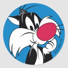 an image of a cartoon cat holding a red ball in its mouth sticker on a blue background