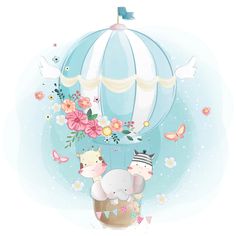 an elephant and giraffe ride in a hot air balloon with flowers on it