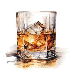 an illustration of a glass with ice cubes on the rocks and watercolor painting effect