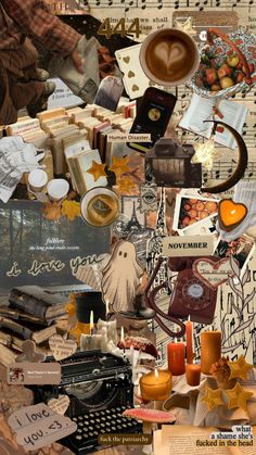 a collage of various items that include books, papers, and other things in the background