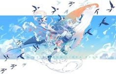 an anime character surrounded by birds flying in the sky