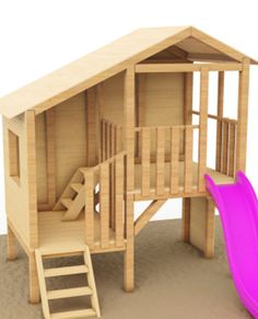 a wooden play set with a slide and stairs