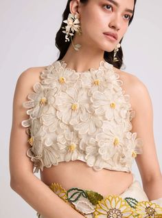 Chandrima | Ivory Daisy Applique Top | INDIASPOPUP.COM Chandrima Designer, Round Neck Blouse Design, Aplic Work, Daisy Applique, 3d Applique, Kaftan Designs, Applique Top, Latest Model Blouse Designs, Crop Top Women