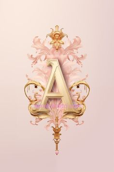 the letter a is surrounded by ornate gold and pink designs on a light pink background