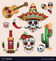 mexican sugar skull with sombrero, guitar and other items for day of the dead