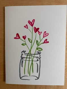 a drawing of red flowers in a mason jar with watercolor pencils on paper